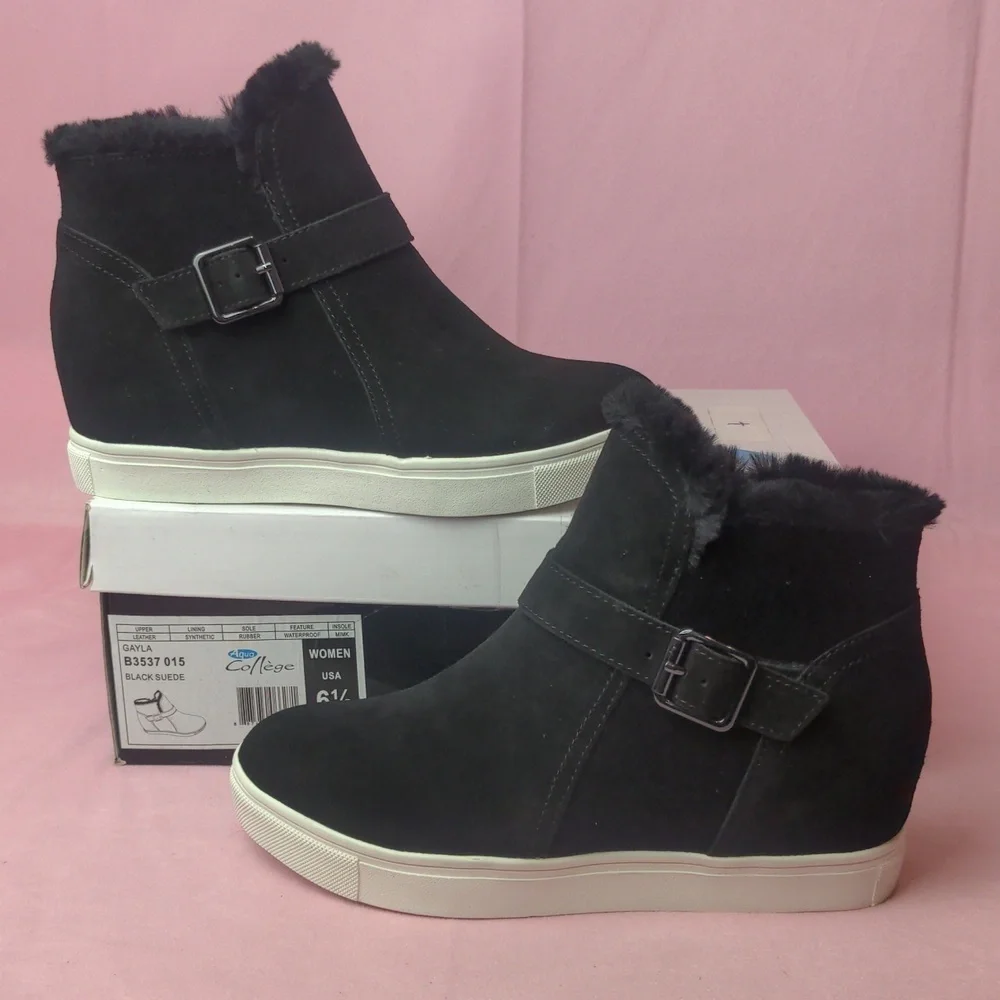 Aqua College Gayla Black Suede Leather Mink Insole Boots with Buckle Detail 6.5